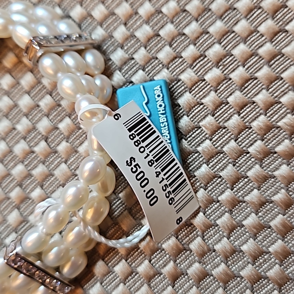 Honora Fresh Water Oval Cultered Pearl Bracelet 3 strand w 3 Swarovski CZ Bars - Picture 7 of 7